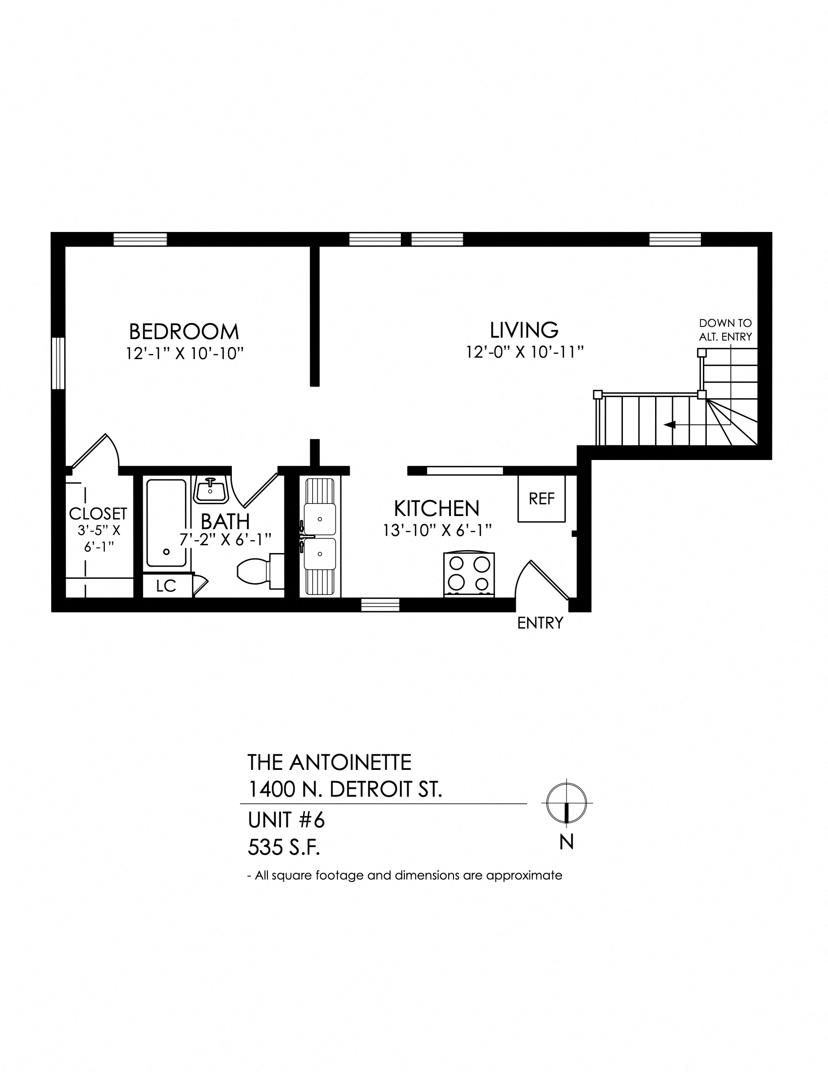 Floor plan for 1 bed, 1 bath, 535 sqft